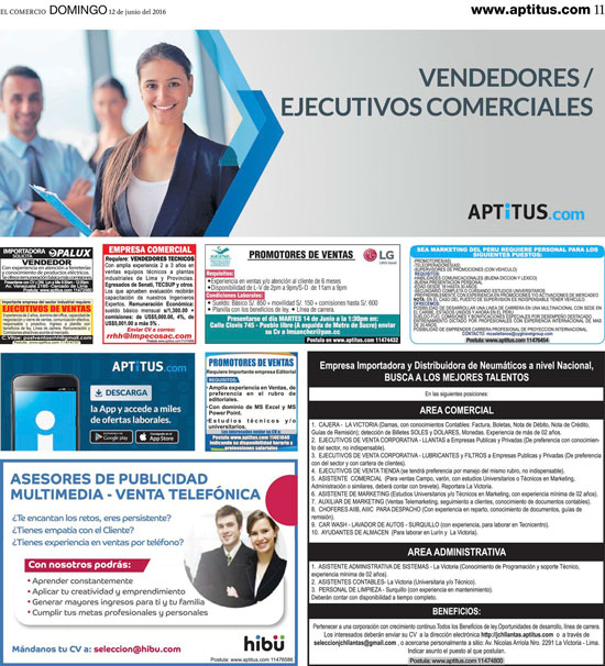 página donde se público aviso para HIBU PERU a medida 4x3 Aptitus El Comercio